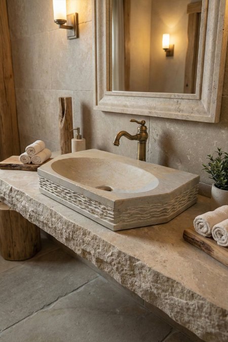 حوض مغسلة حجري مستطيل بتفاصيل جانبية – 38×56 سم